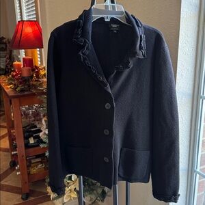 TALBOTS Black Wool Cardigan Sweater/Jacket with Ruffle Trim, size Large